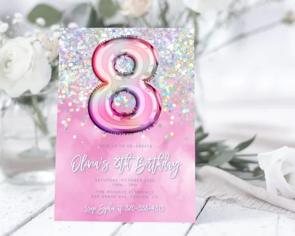 Pink 8th Birthday Invitation Template