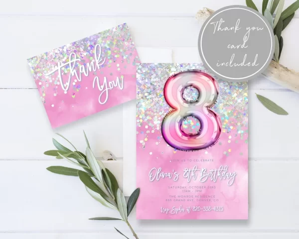 Pink 8th Birthday Invitation Template - Image 2