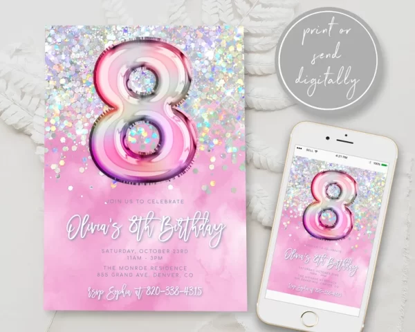 Pink 8th Birthday Invitation Template - Image 3