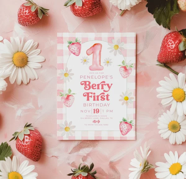 Berry First Birthday Invitation, Red Strawberry 1st Birthday Invite